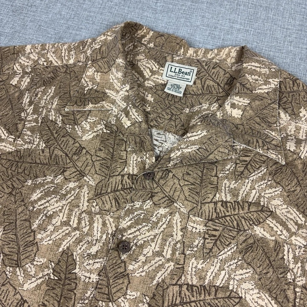 Vintage 00s L.L.Bean Mens XXL Tropical Leaf Camp Shirt Brown Hawaiian 0 DUC9